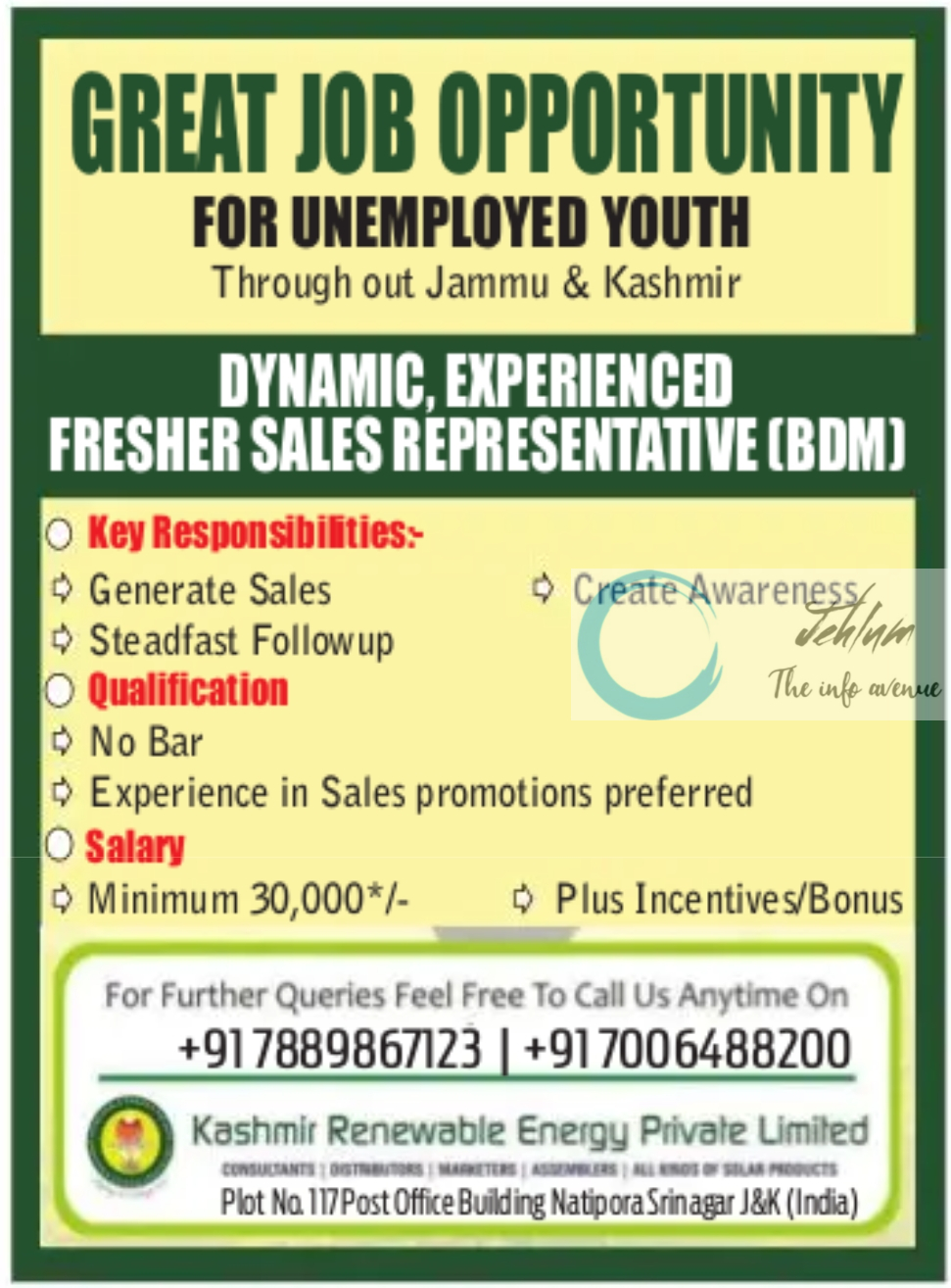 Kashmir Renewable Energy Pvt Ltd Srinagar Sales Jobs 2024