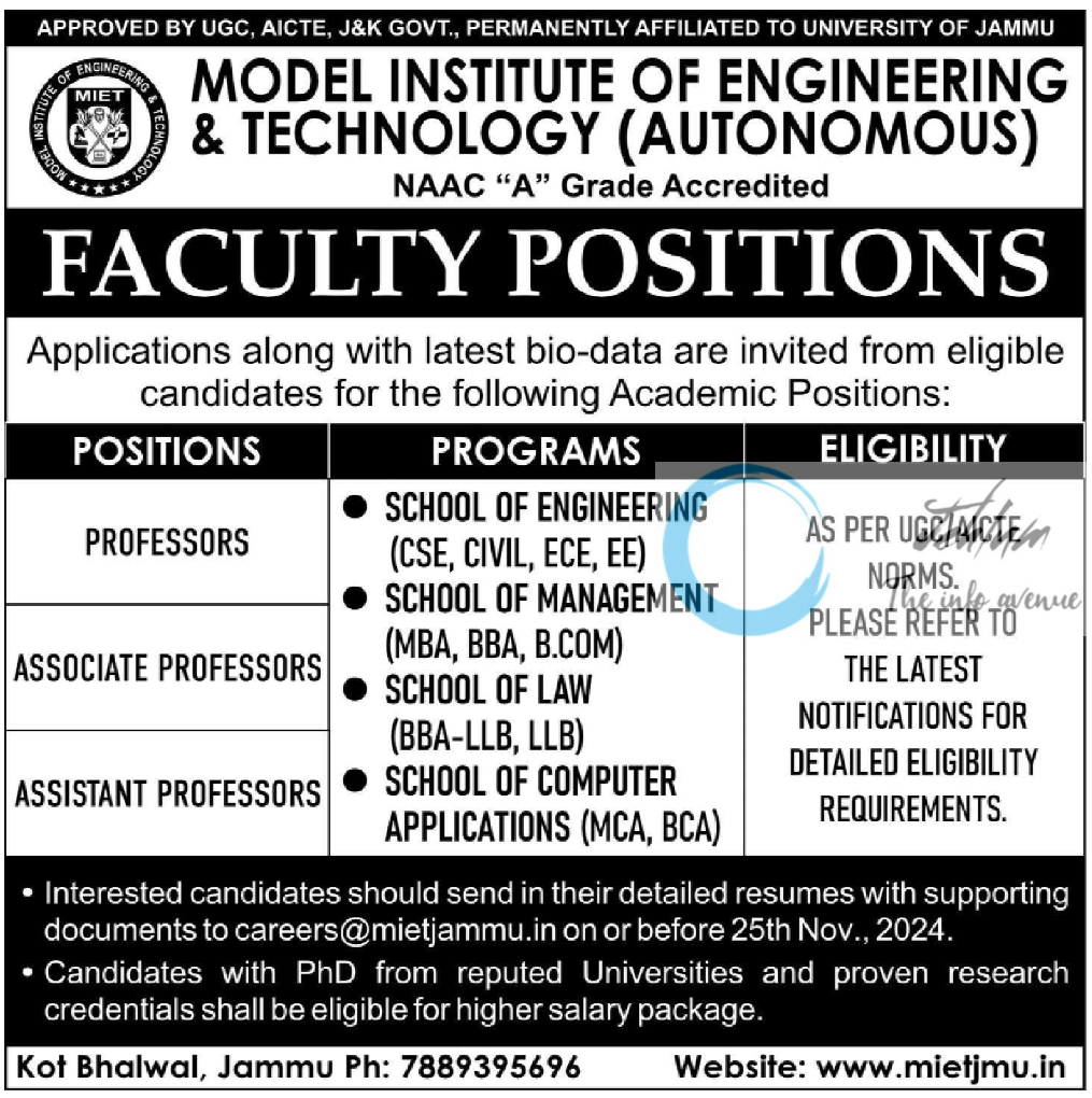 MODEL INSTITUTE OF ENGINEERING & TECHNOLOGY MIET JAMMU FACULTY POSITIONS JOBS OPENINGS 2024