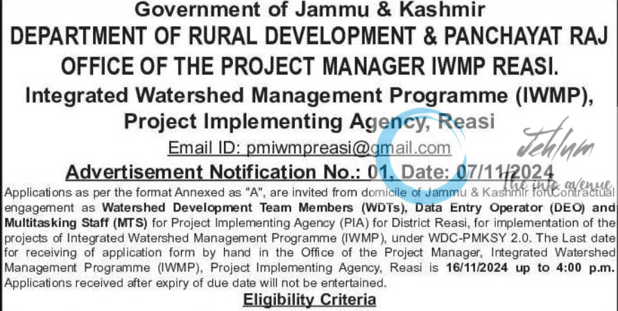 Integrated Watershed Management Programme IWMP Reasi Jobs Advertisement Notification No 01 of 2024