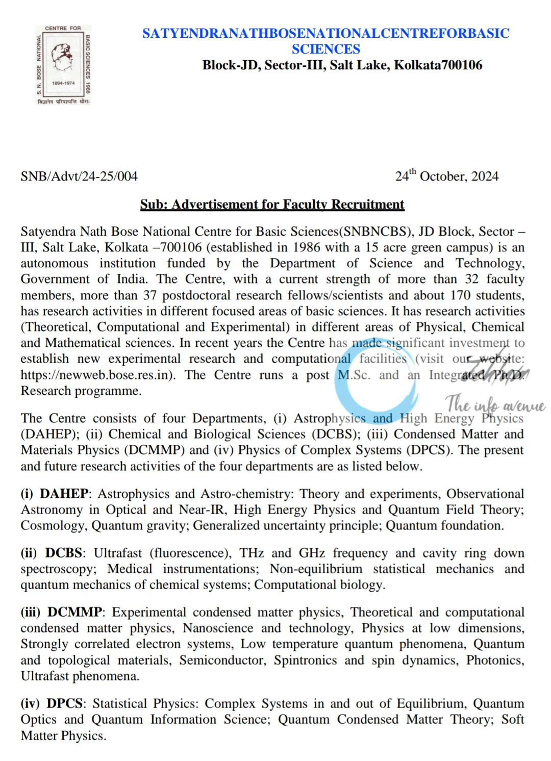 SNBNCBS FACULTY RECRUITMENT ADVERTISEMENT NO SNB/Advt/24-25/004