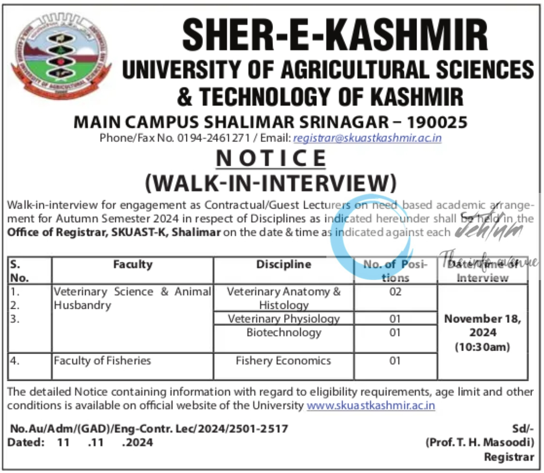 SKUAST Kashmir Contractual/Guest Lecturers Walk-in-interview Advt Notification No Au/Adm/GAD/Eng-Contr Lec/2024/2501-2517