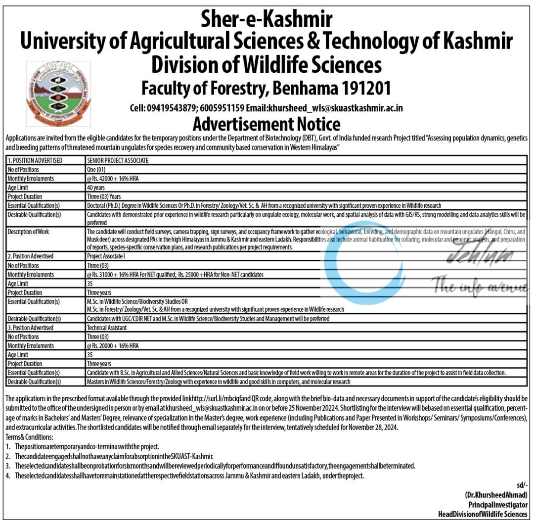 SKUAST Kashmir Faculty of Forestry Benhama SENIOR PROJECT ASSOCIATE/TECHNICAL ASSISTANT Advertisement Notice 2024