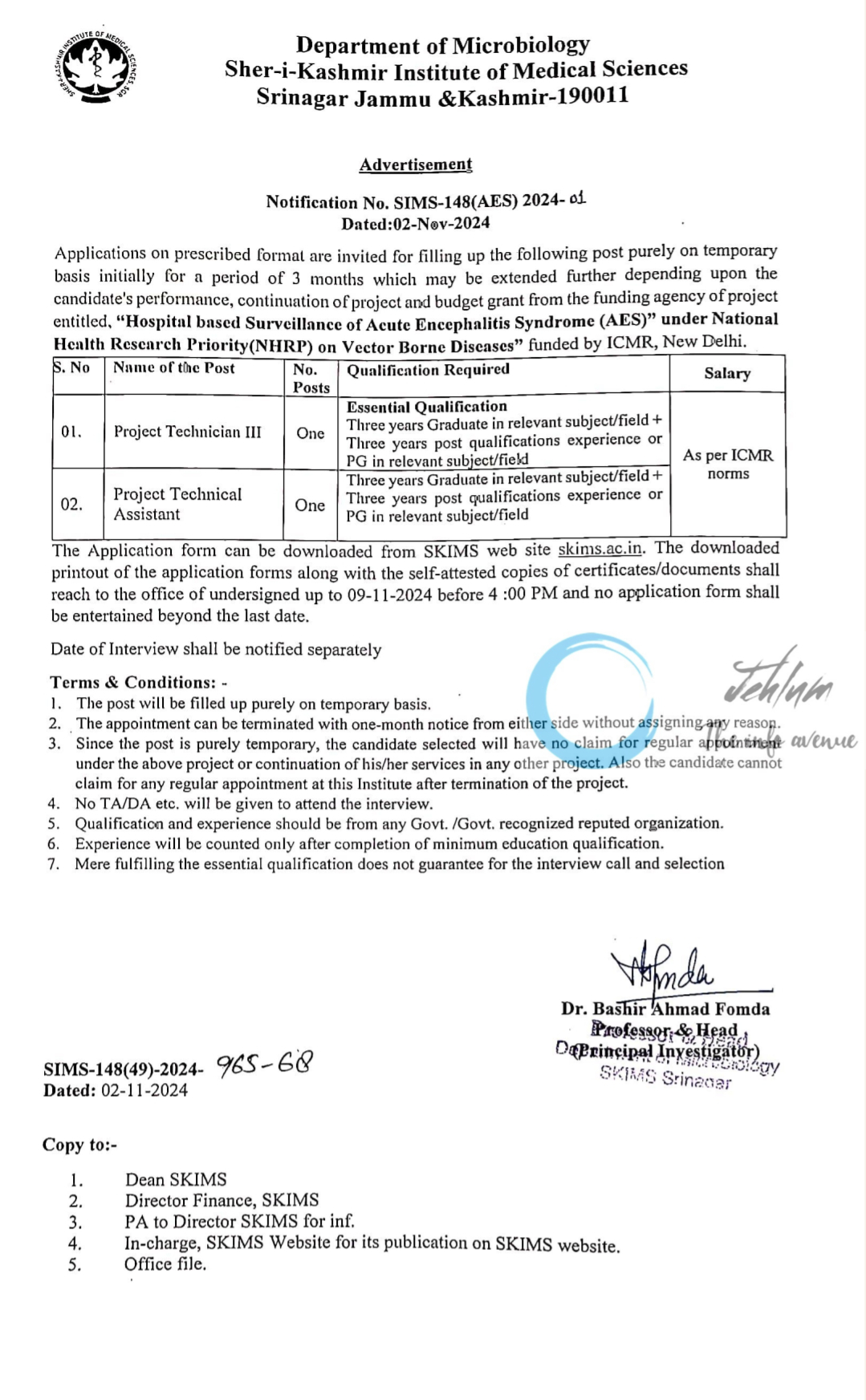 SKIMS Soura Deptt of Microbiology Advertisement Notification No SIMS-148 AES 2024-01 965-68