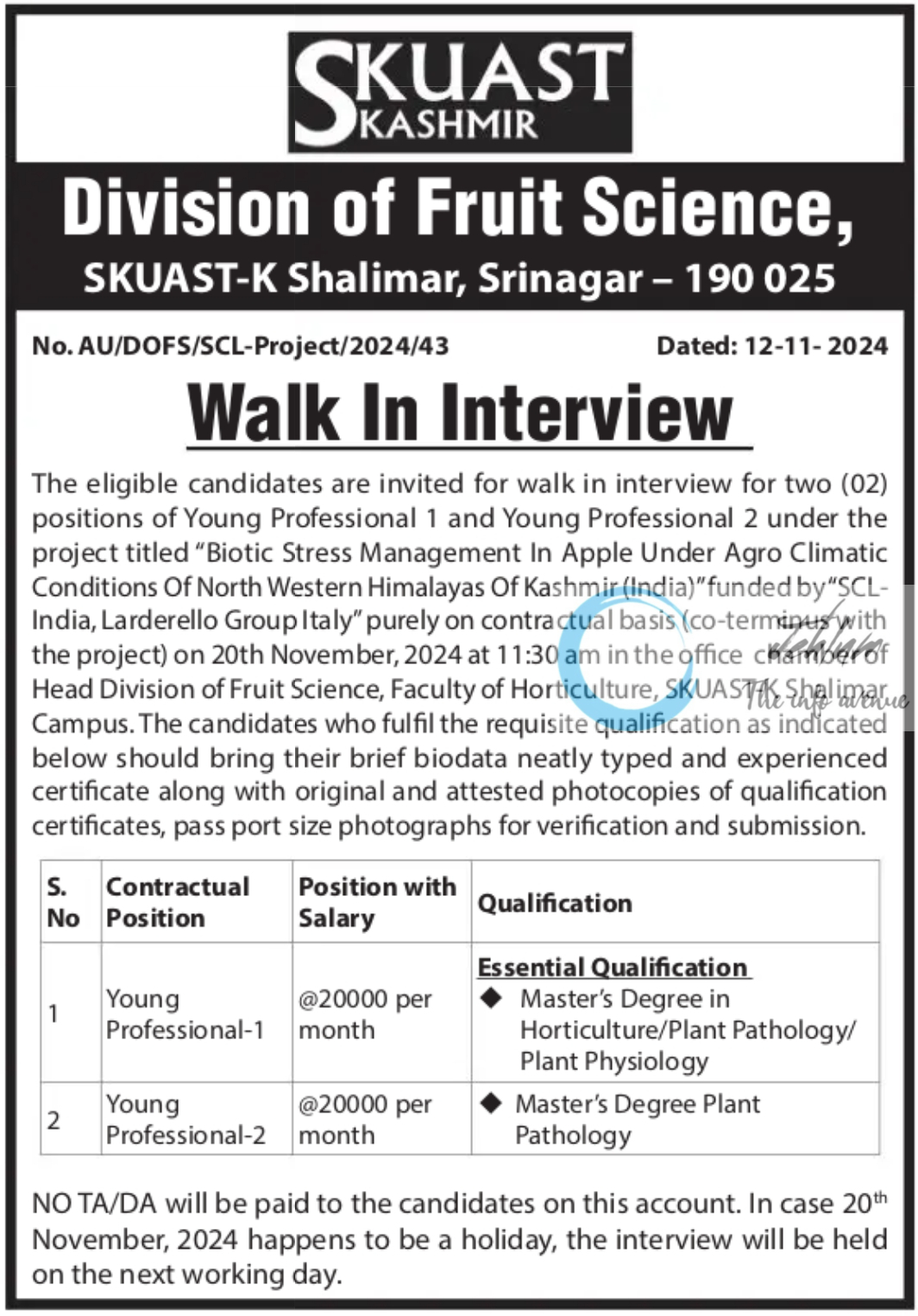 SKUAST-K Shalimar Division of Fruit Science Young Professionals Advertisement Notice No AU/DOFS/SCL-Project/2024/43