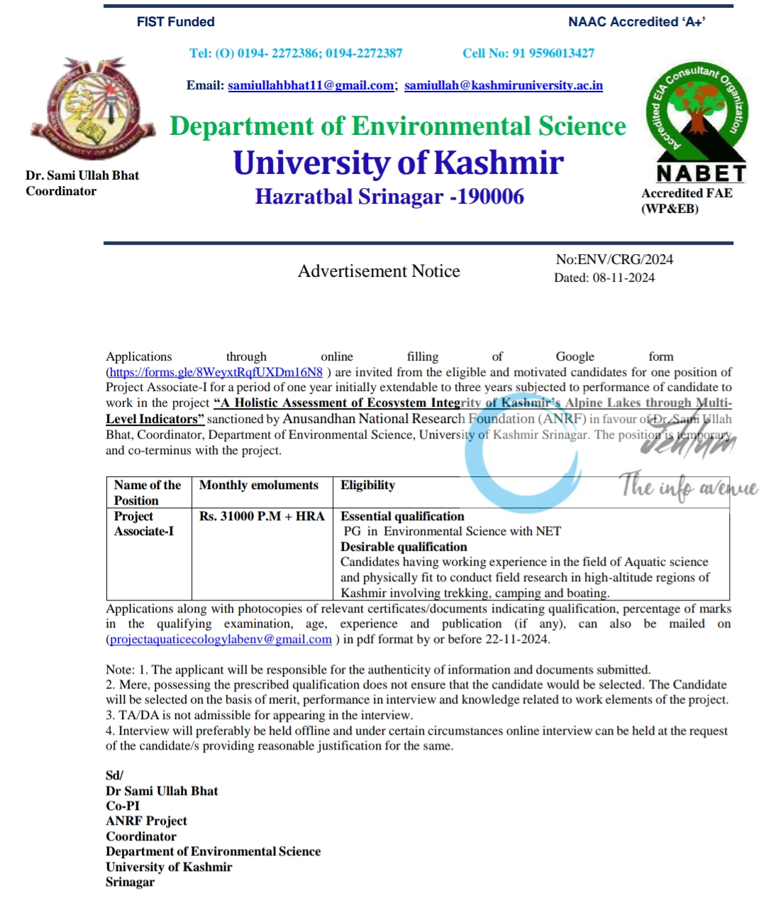 University of Kashmir Deptt of Environmental Science Project Associate Advertisement Notice No ENV/CRG/2024