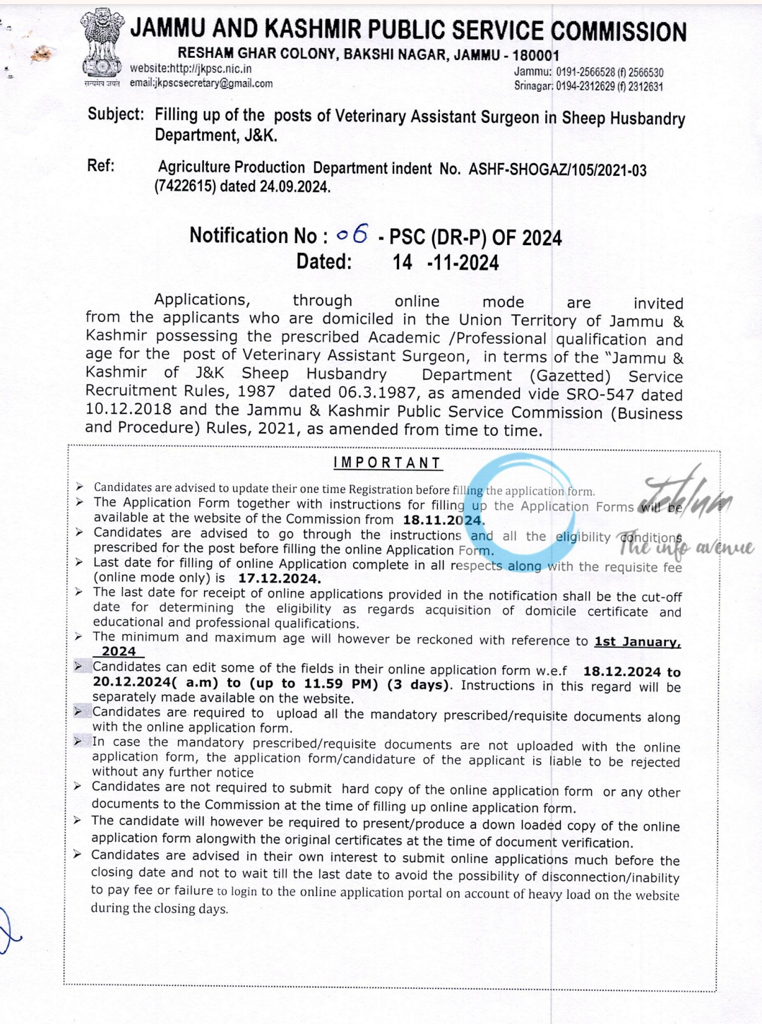 JKPSC Sheep Husbandry Department Veterinary Assistant Surgeon Notification No 06-PSC DR-P OF 2024