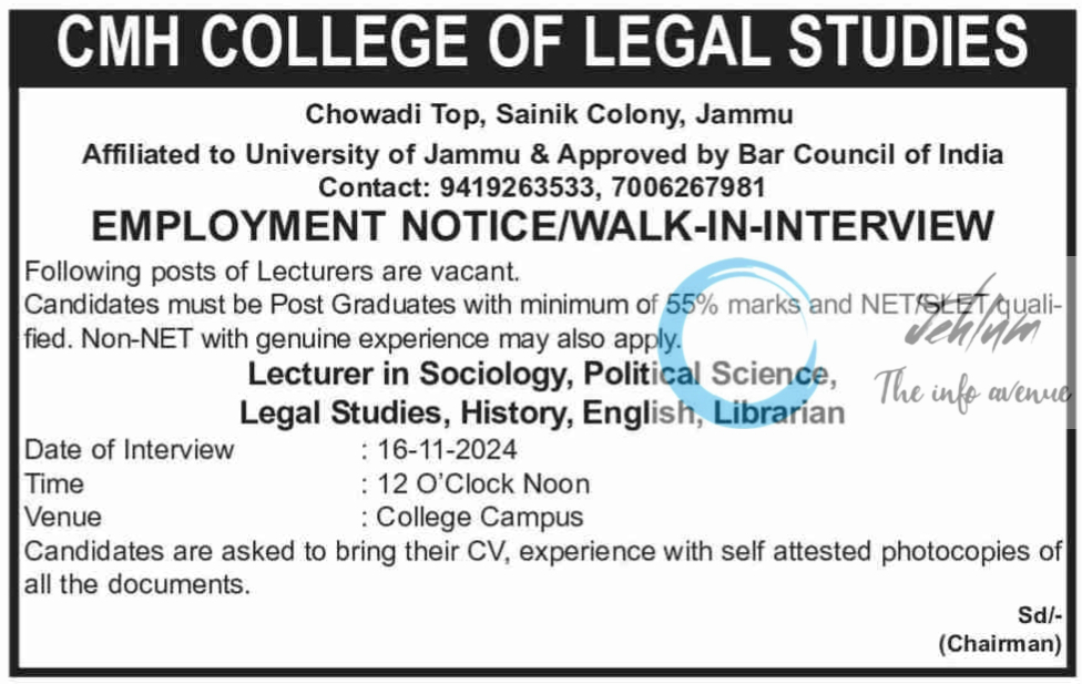 CMH COLLEGE OF LEGAL STUDIES JAMMU EMPLOYMENT NOTICE 2024