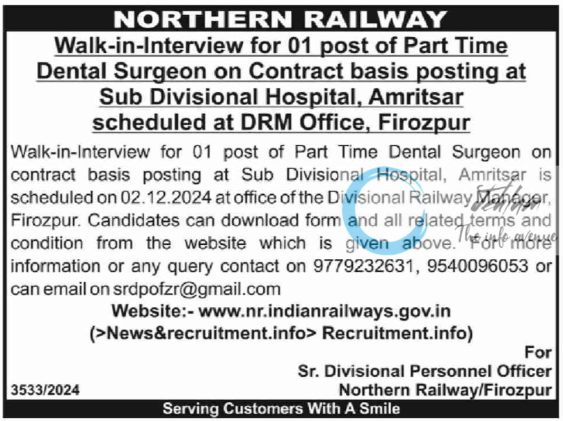 NORTHERN RAILWAY Dental Surgeon Recruitment Advertisement Notice 2024