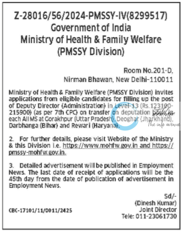 Ministry of Health & Family Welfare PMSSY Division Deputy Director Recruitment Advertisement Notice 2024