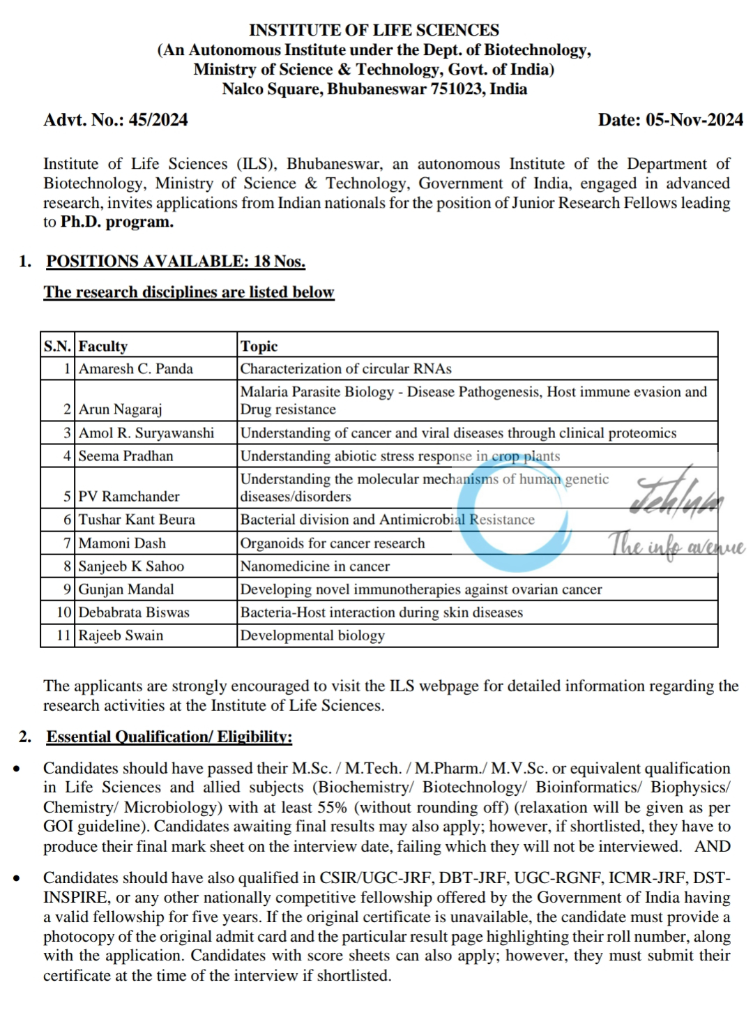 INSTITUTE OF LIFE SCIENCES ILS JRF FELLOWSHIPS ADVT NO 45/2024