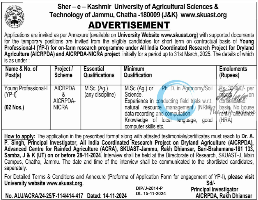 SKUAST Jammu Young Professional-I Advertisement No AUJ/ACRA/24-25/F-114/414-417