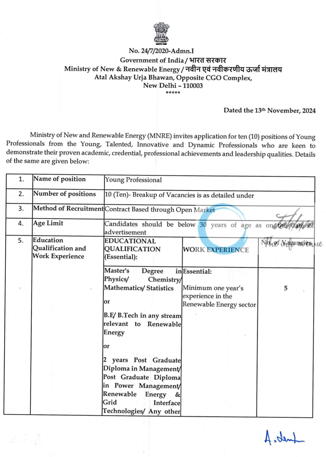 Ministry of New and Renewable Energy MNRE Young Professionals Advertisement Notice 2024