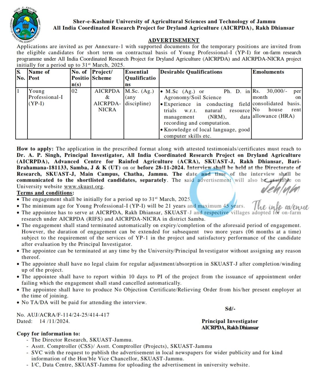 SKUAST Jammu AICRPDA Young Professional Advertisement Notice No AUJ/ACRA/F-114/24-25/414-417