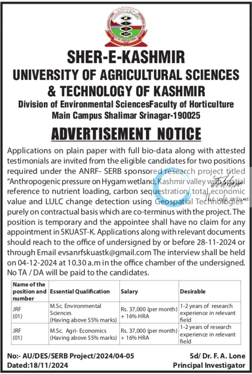 SKUAST Kashmir Division of Environmental Sciences JRF Advertisement Notice No AU/DES/SERB Project/2024/04-05