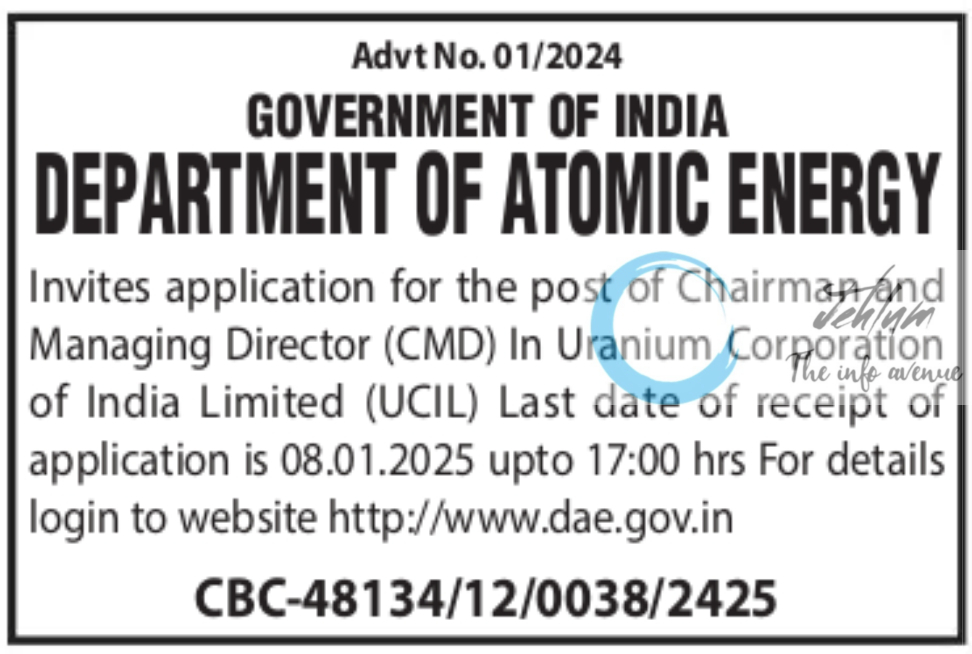 DEPARTMENT OF ATOMIC ENERGY RECRUITMENT ADVT NO 01/2024