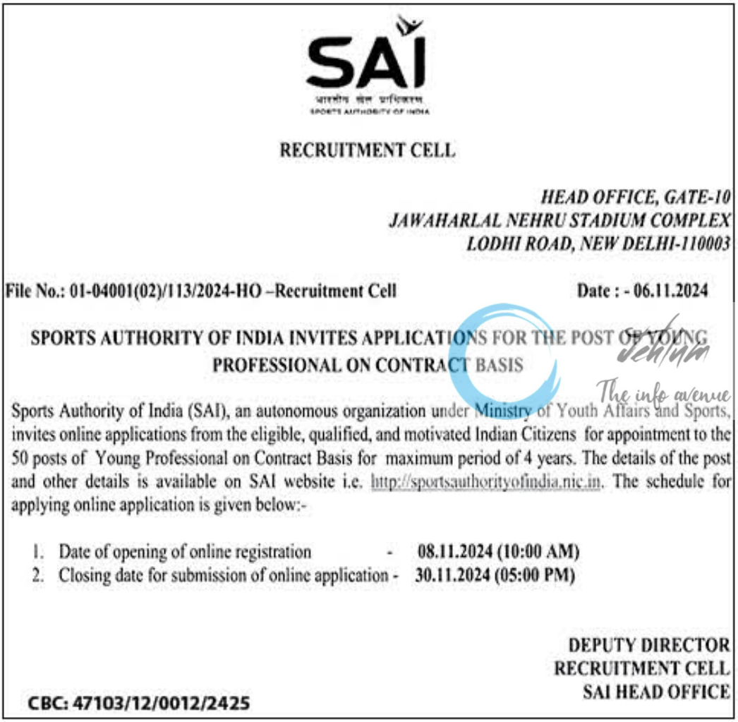 SPORTS AUTHORITY OF INDIA SAI YOUNG PROFESSIONAL RECRUITMENT ADVERTISEMENT NOTICE 2024