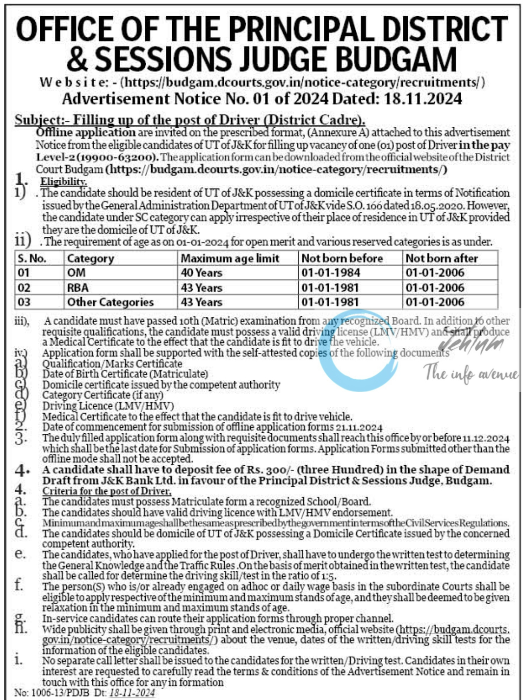 PRINCIPAL DISTRICT AND SESSIONS JUDGE BUDGAM DRIVER POSTS ADVERTISEMENT NOTICE NO 01 OF 2024