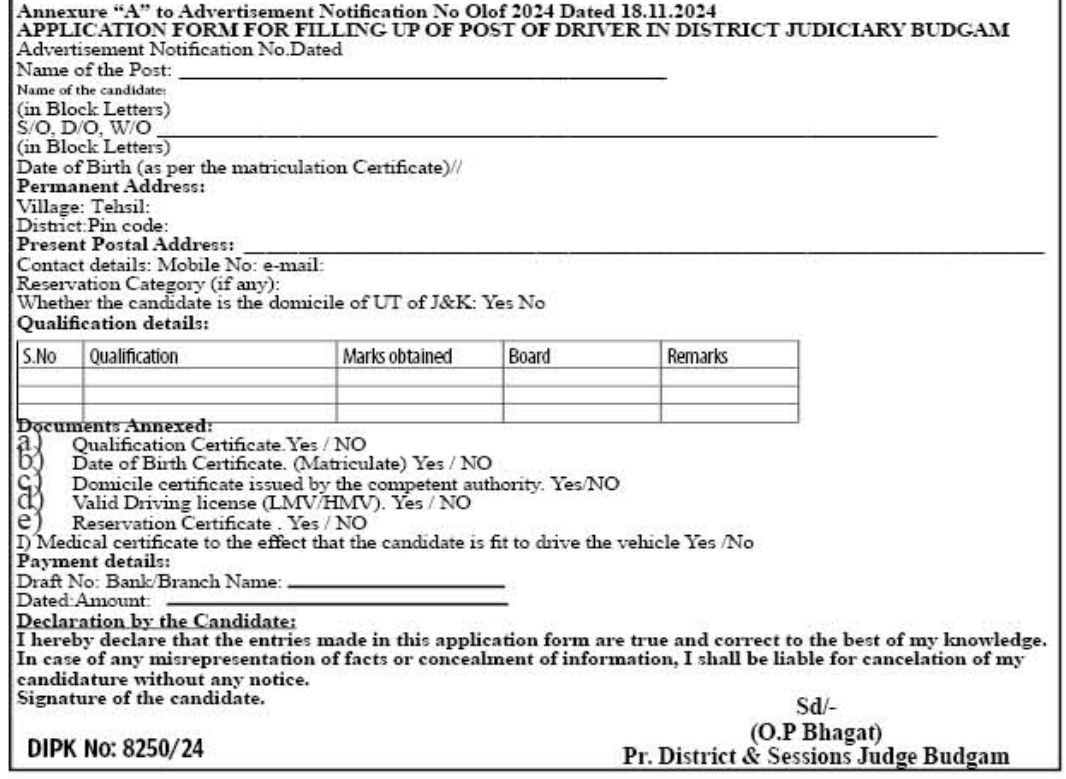 PRINCIPAL DISTRICT AND SESSIONS JUDGE BUDGAM DRIVER POSTS ADVERTISEMENT NOTICE NO 01 OF 2024