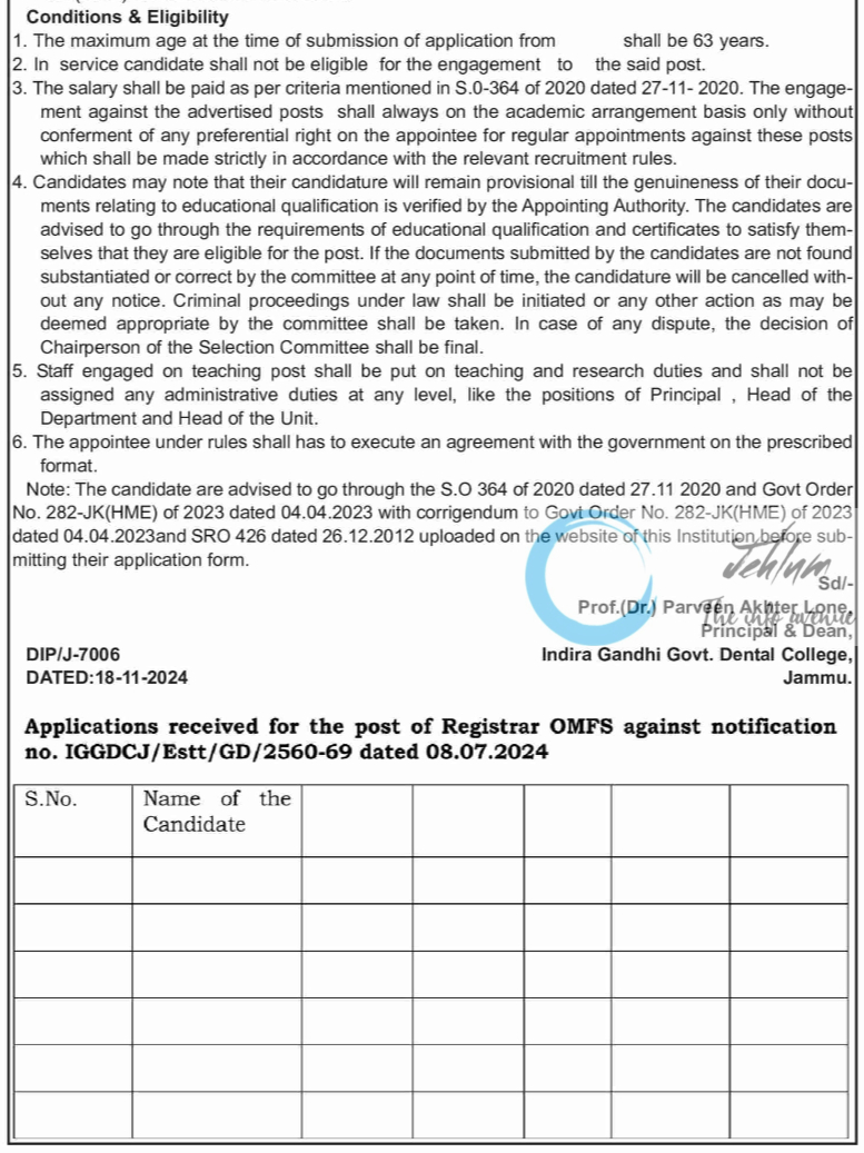 GOVT DENTAL COLLEGE JAMMU ADVERTISEMENT NOTICE 2024