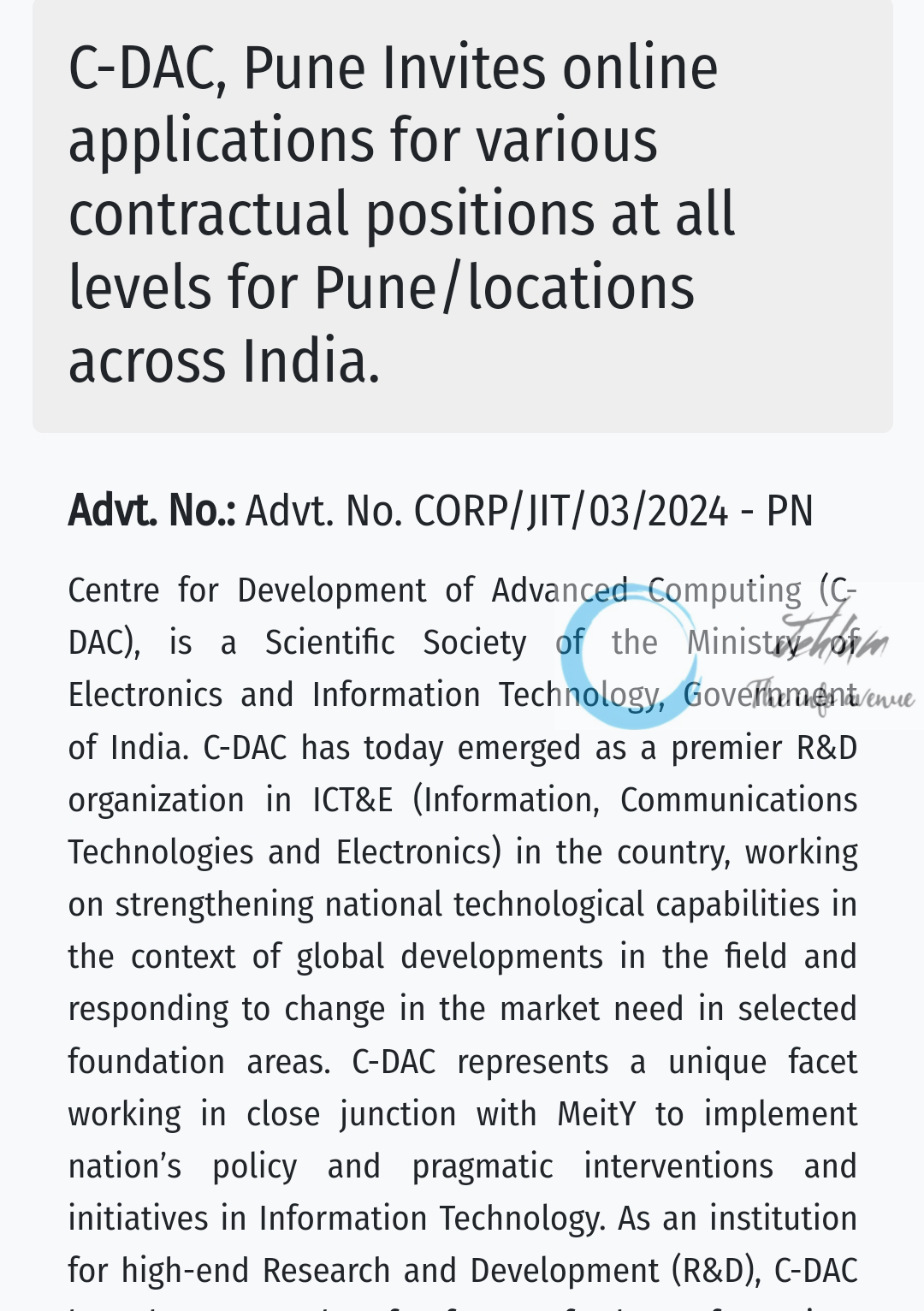 C-DAC Pune Advt No CORP/JIT/03/2024