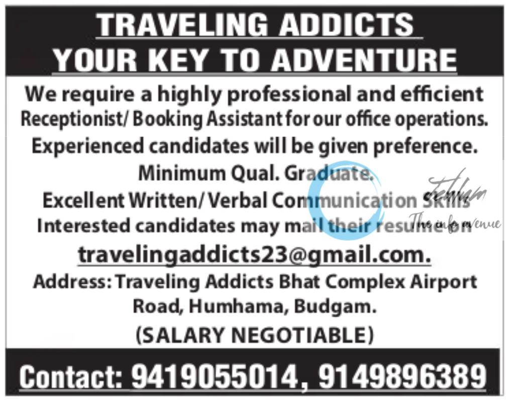 TRAVELING ADDICTS SRINAGAR JOBS OPENINGS 2024