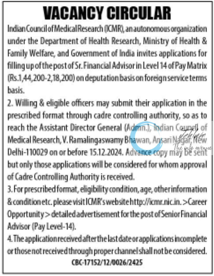 ICMR Senior Financial Advisor Vacancy Advertisement Notice 2024