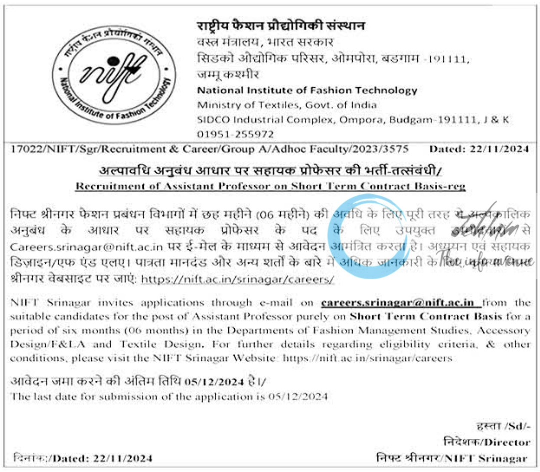 NIFT Srinagar Recruitment Advertisement Notice No 17022/NIFT/Sgr/Recruitment & Career/Group A/Adhoc Faculty/2023/3575