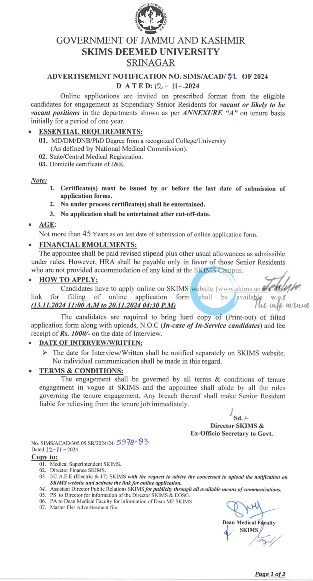 SKIMS SOURA SENIOR RESIDENTS ADVERTISEMENT NOTIFICATION NO SIMS/ACAD/21 OF 2024