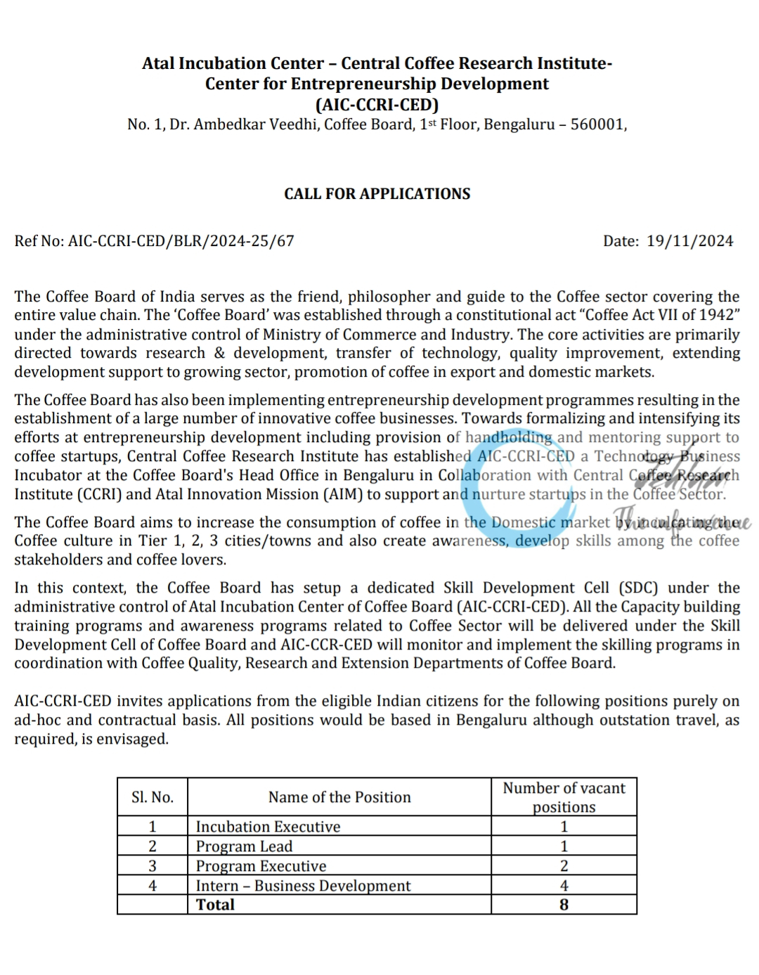 AIC-CCRI-CED Recruitment Advertisement Notice No AIC-CCRI-CED/BLR/2024-25/67