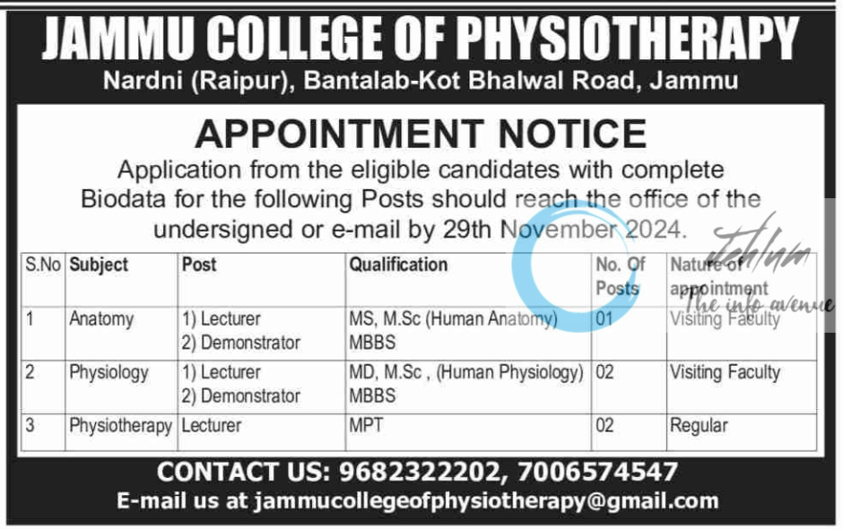 JAMMU COLLEGE OF PHYSIOTHERAPY JOBS OPENINGS 2024