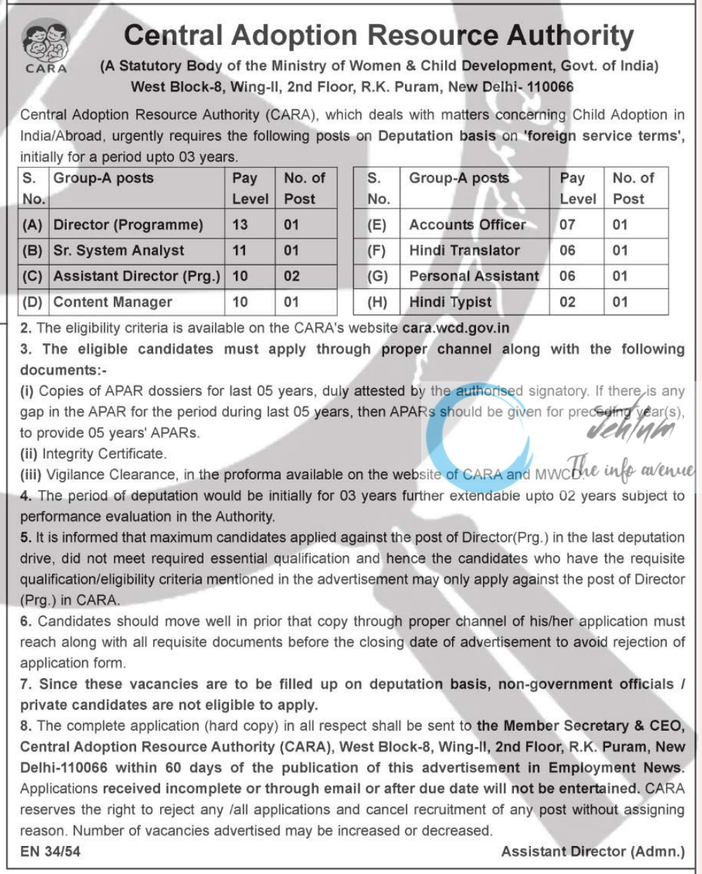 CARA Central Adoption Resource Authority Recruitment on Deputation Advertisement Notice 2024