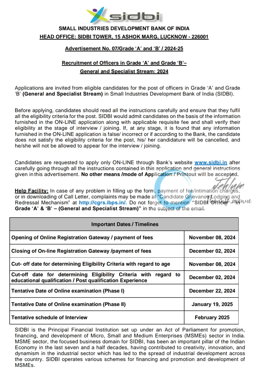 SIDBI Recruitment Advertisement No 07/Grade A and B/ 2024-25