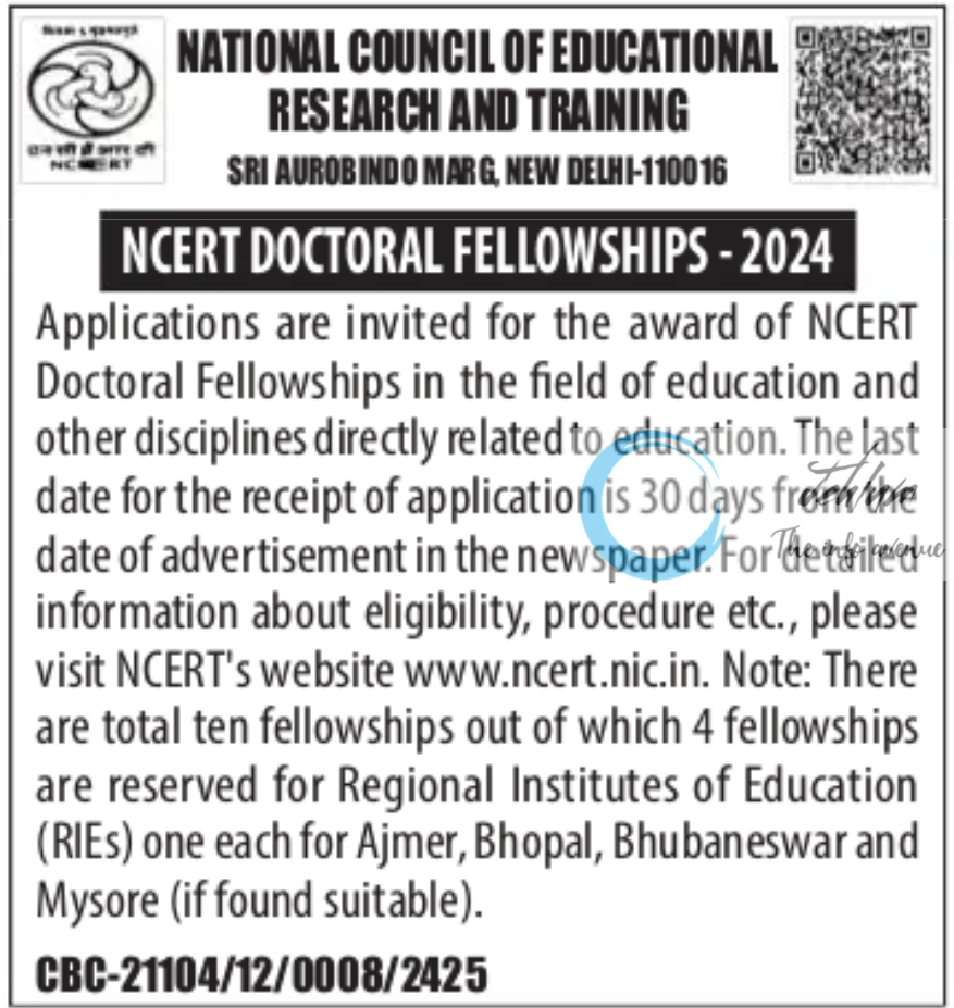 NATIONAL COUNCIL OF EDUCATIONAL RESEARCH AND TRAINING NCERT DOCTORAL FELLOWSHIPS 2024