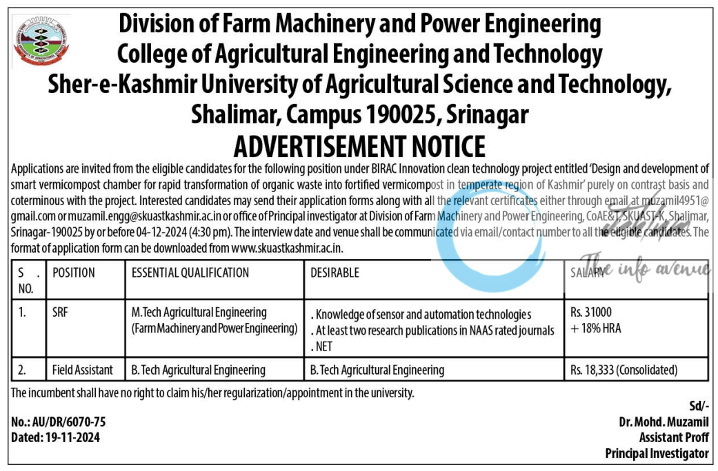 SKUAST Kashmir College of Agricultural Engineering and Technology SRF/Field Assistant Advertisement Notice 2024