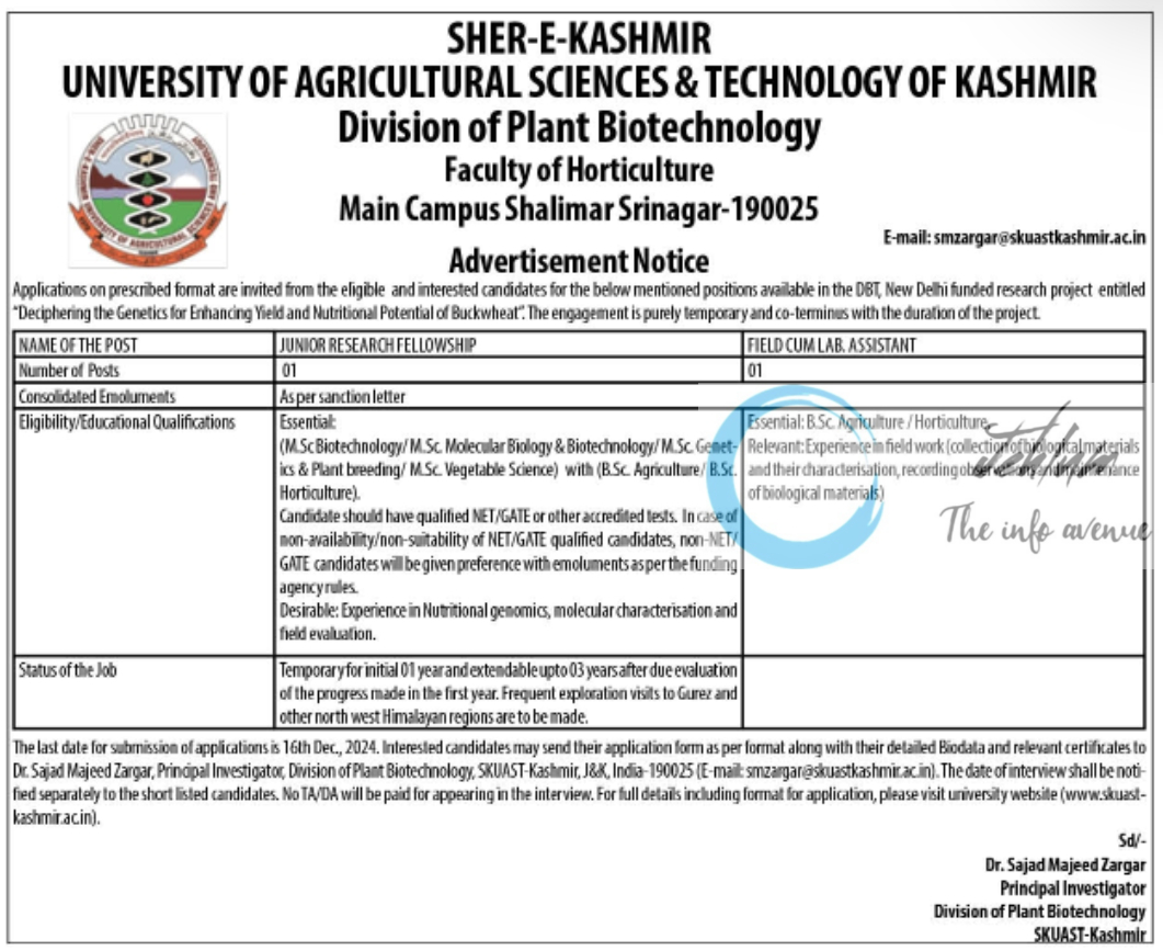 SKUAST Kashmir Division of Plant Biotechnology Faculty of Horticulture JRF Advertisement Notice 2024