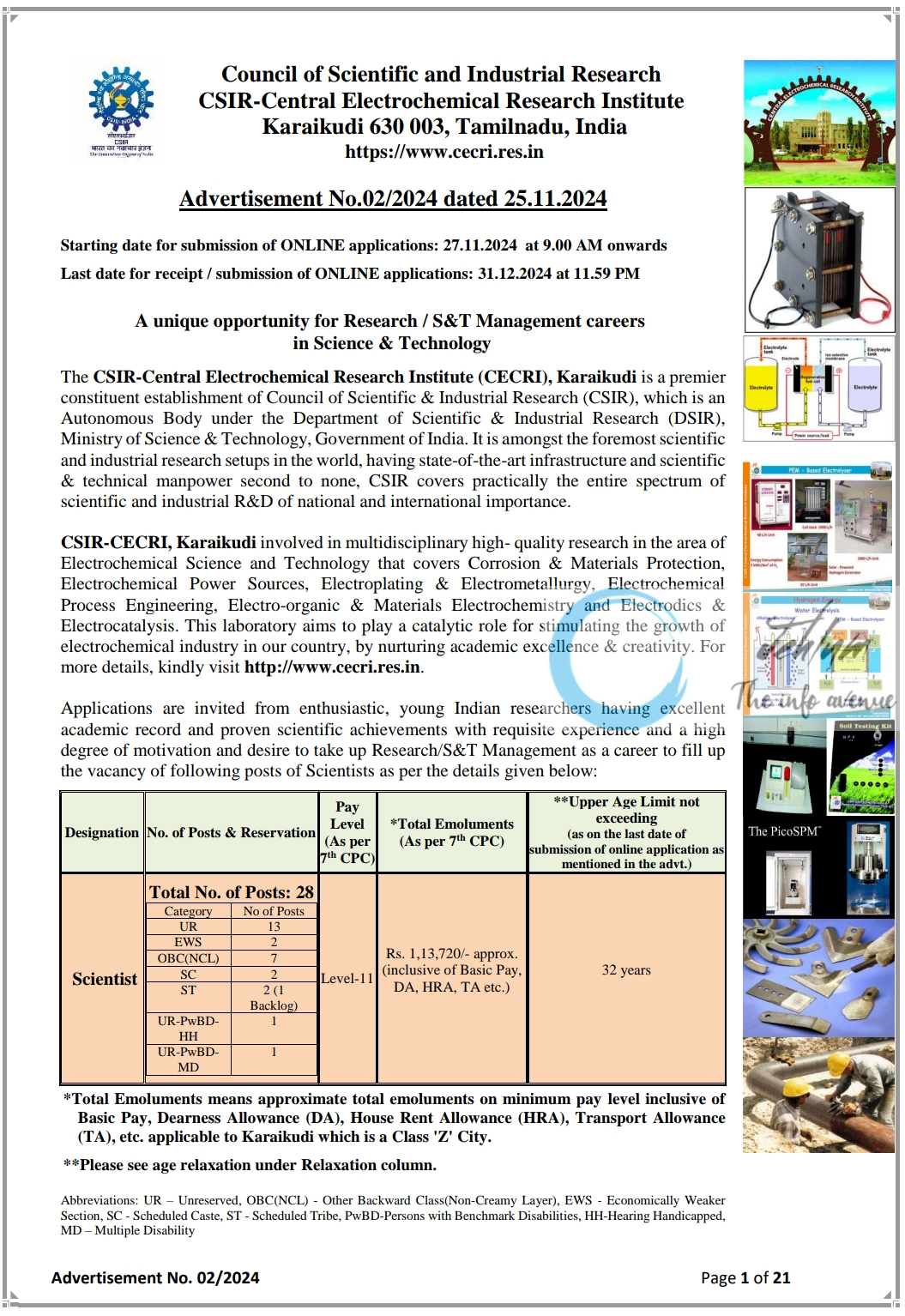 CSIR-Central Electrochemical Research Institute Scientist Recruitment Advertisement No 02/2024