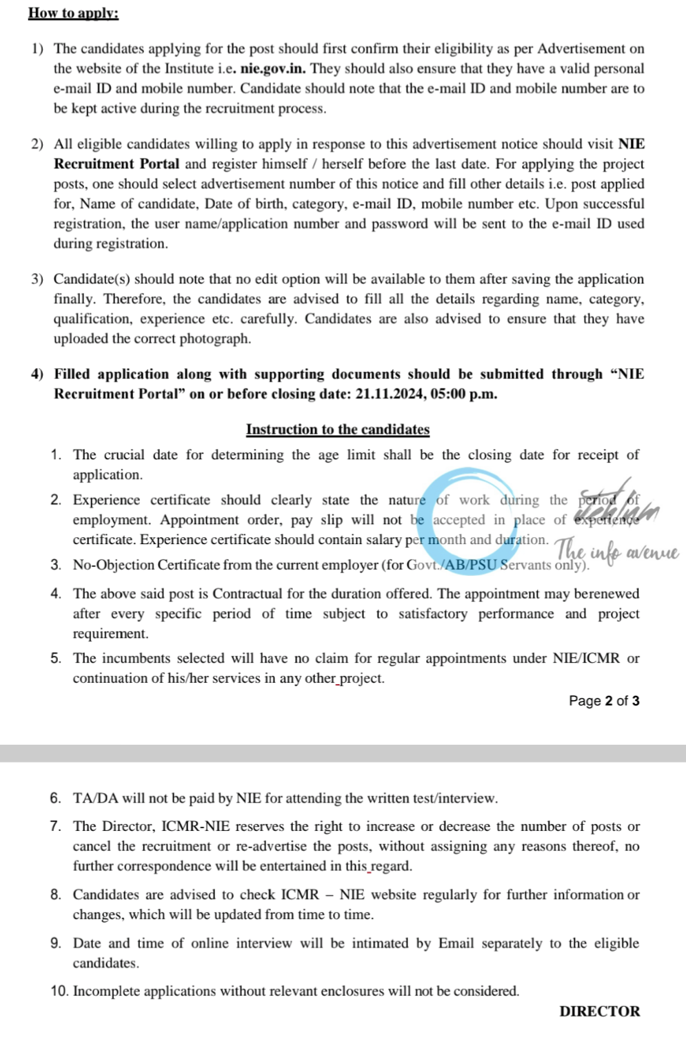 ICMR-NATIONAL INSTITUTE OF EPIDEMIOLOGY VACANCY NOTIFICATION NO NIE/PE/Advt/Nov/2024/16