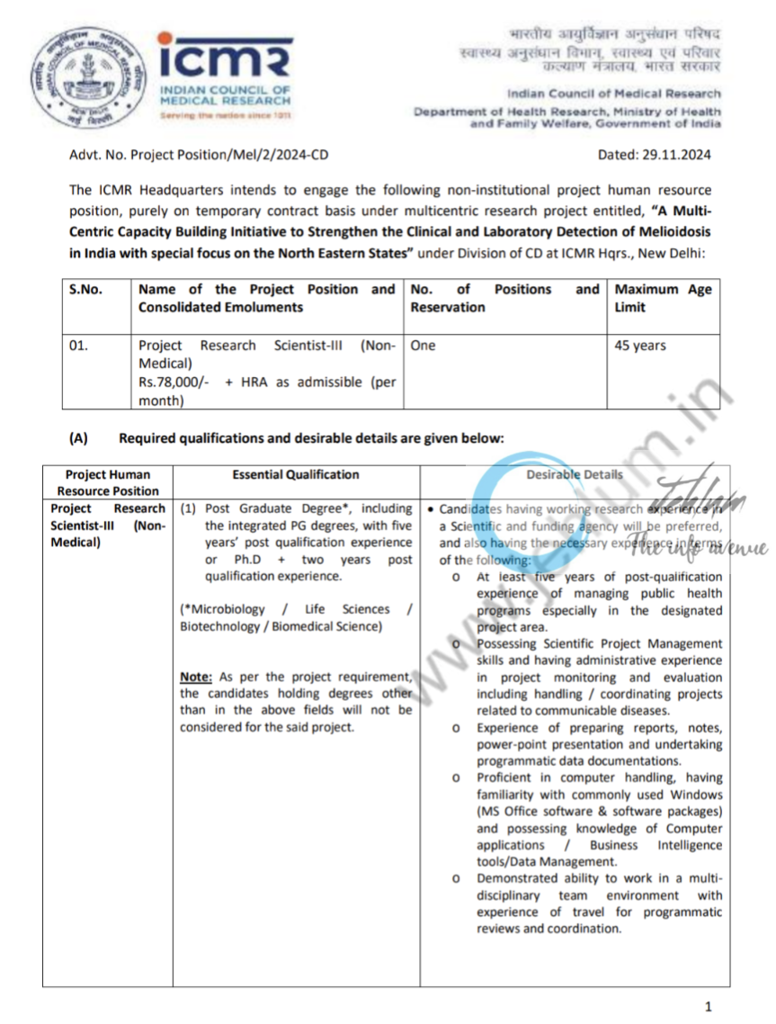 ICMR Recruitment Advt No Project Position/Mel/2/2024-CD Project Research Scientist-III (Non- Medical)