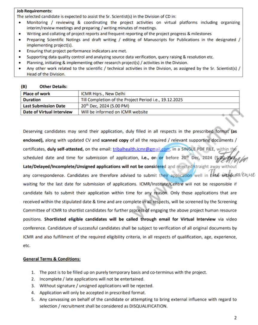 ICMR Recruitment Advt No Project Position/Mel/2/2024-CD Project Research Scientist-III (Non- Medical)