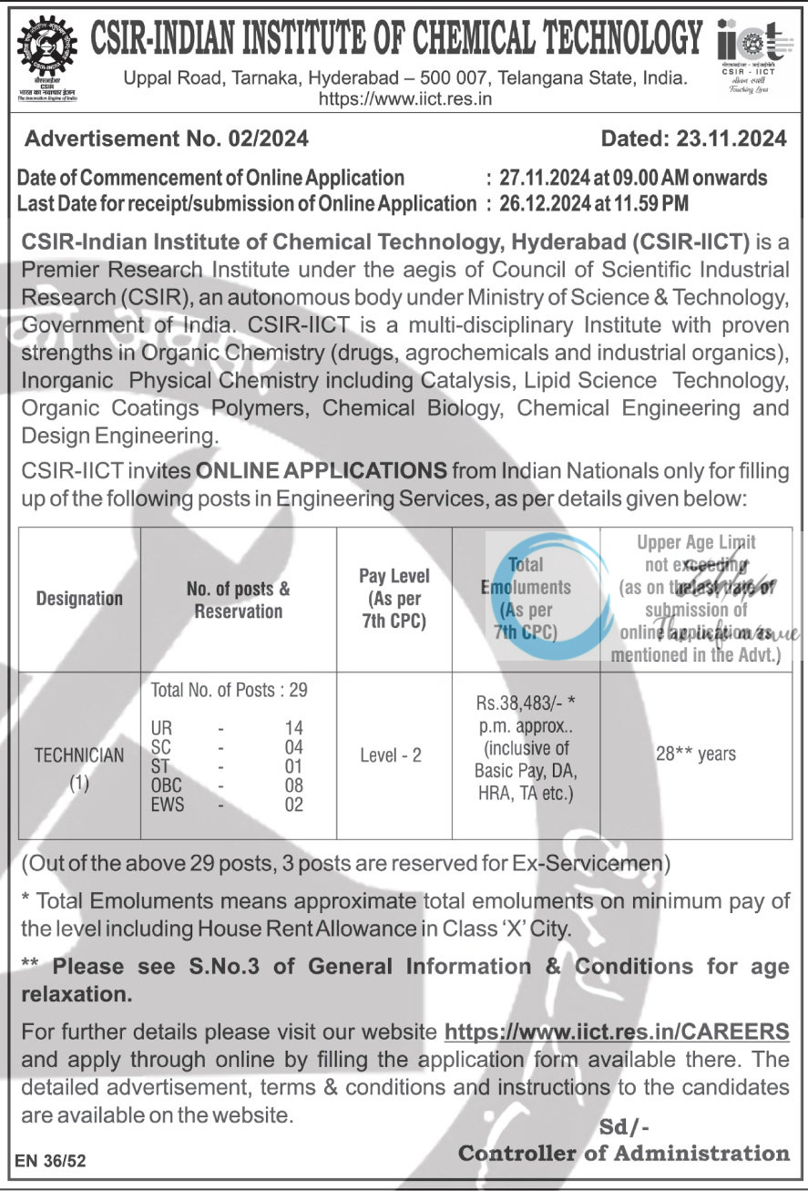 CSIR-Indian Institute of Chemical Technology IICT Technician Recruitment Advertisement No 02/2024