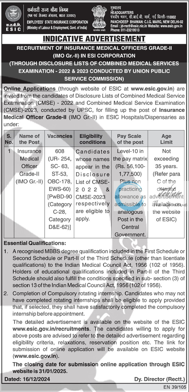 ESIC INSURANCE MEDICAL OFFICERS GRADE-II RECRUITMENT ADVERTISEMENT 2024-25