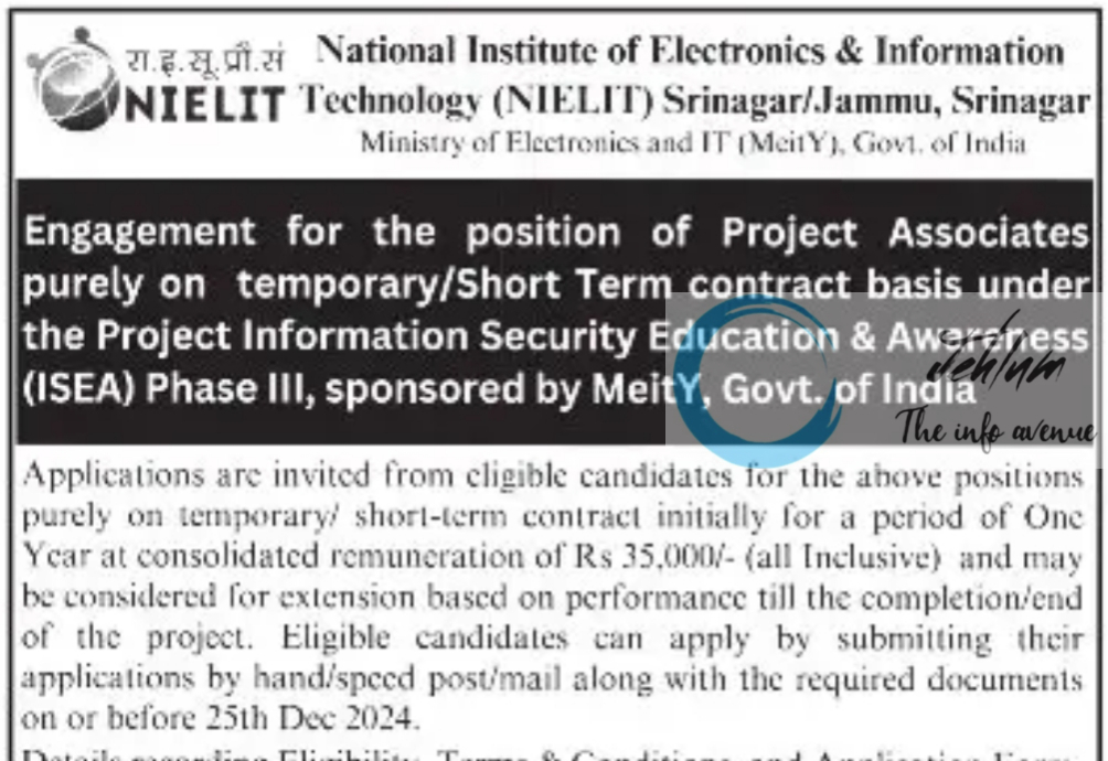 NIELIT Srinagar Project Associates Advertisement Notice 07/01/11/2024/NIELITS