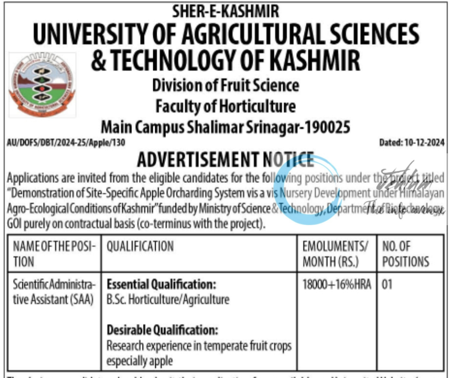 SKUAST-Kashmir Division of Fruit Science Scientific Administrative Assistant Advertisement Notice AU/DOFS/DBT/2024-25/Apple/130