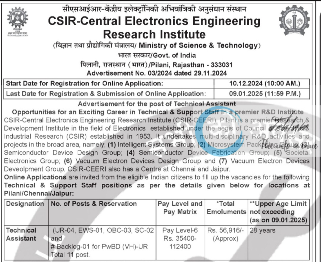 CSIR-CEERI Central Electronics Engineering Research Institute Technical Assistant Recruitment Advertisement No 03/2024