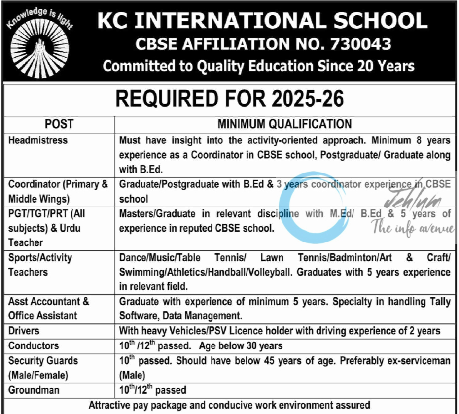 KC INTERNATIONAL SCHOOL JAMMU JOBS OPENINGS 2024-25