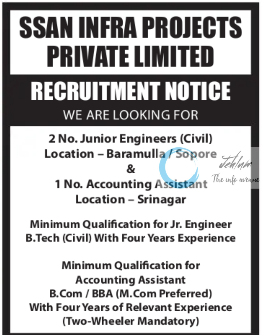 SSAN INFRA PROJECTS SRINAGAR RECRUITMENT NOTICE 2024-25