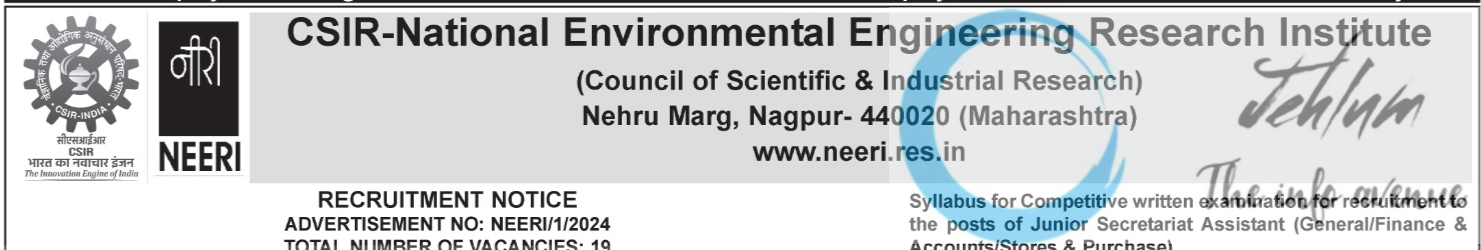 CSIR-National Environmental Engineering Research Institute NEERI RECRUITMENT ADVERTISEMENT NO NEERI/1/2024