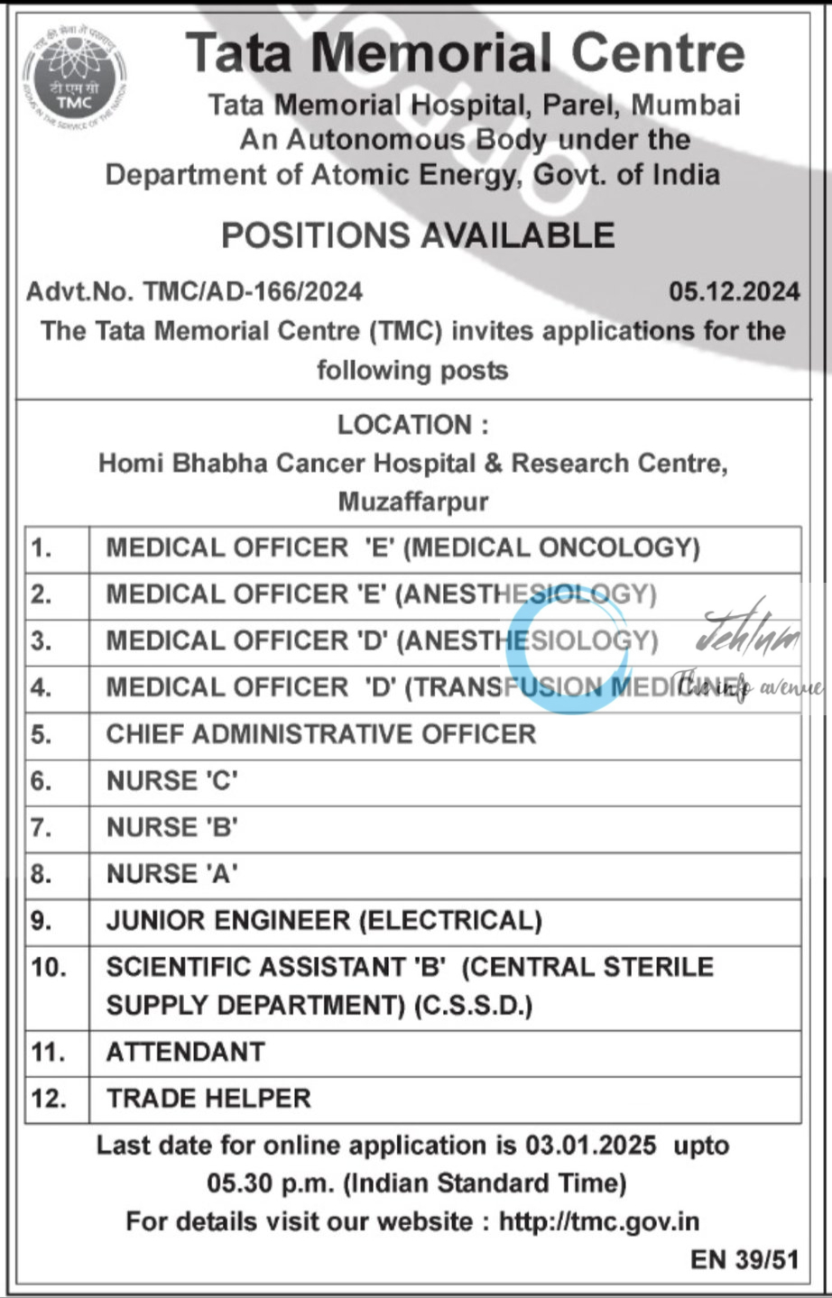 Tata Memorial Centre Homi Bhabha Cancer Hospital Recruitment Advt No TMC/AD-166/2024