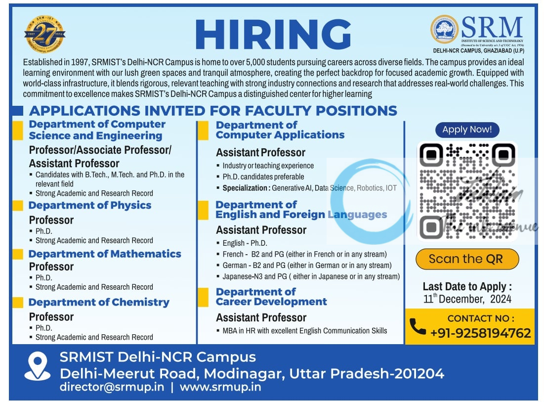 SRM INSTITUTE OF SCIENCE AND TECHNOLOGY FACULTY POSITIONS RECRUITMENT ADVERTISEMENT 2024-25