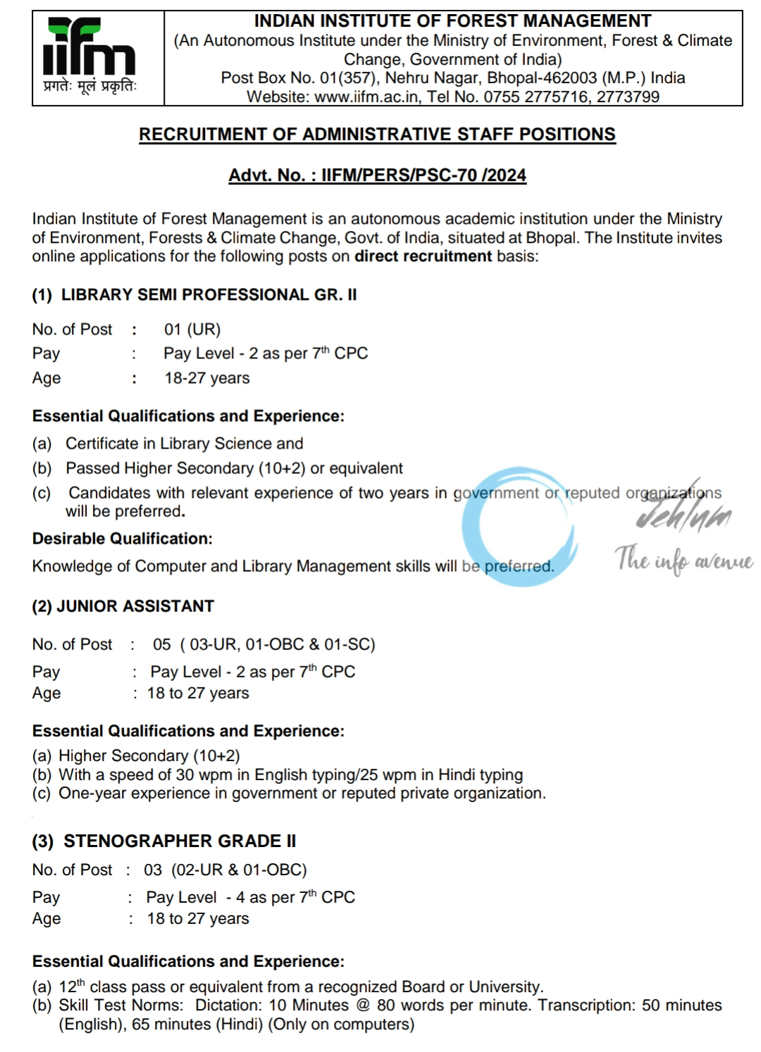 IIFM ADMINISTRATIVE STAFF RECRUITMENT ADVT NO IIFM/PERS/PSC-70/2024